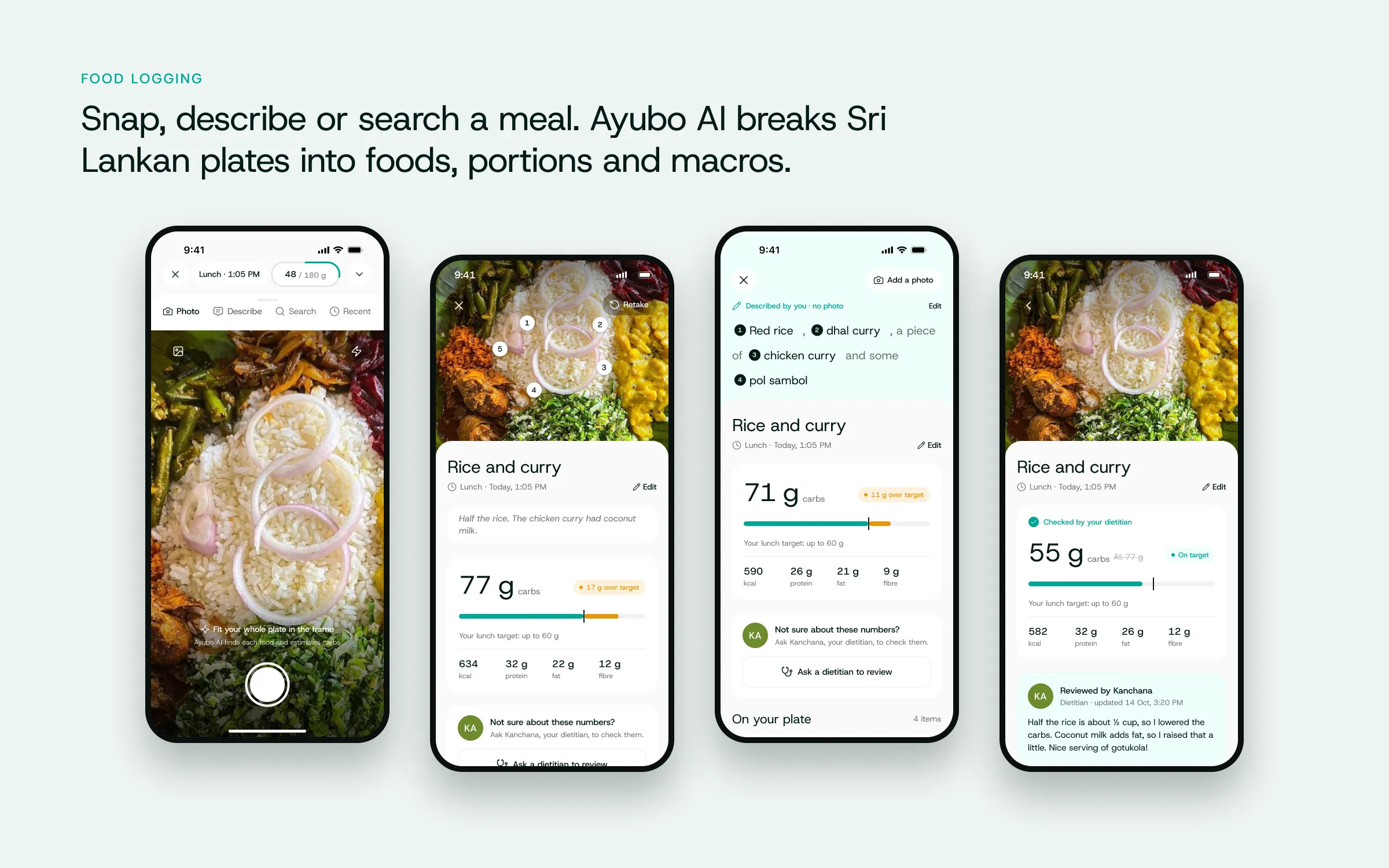Food logging — camera, AI meal breakdown, describe-only meal and dietitian review
