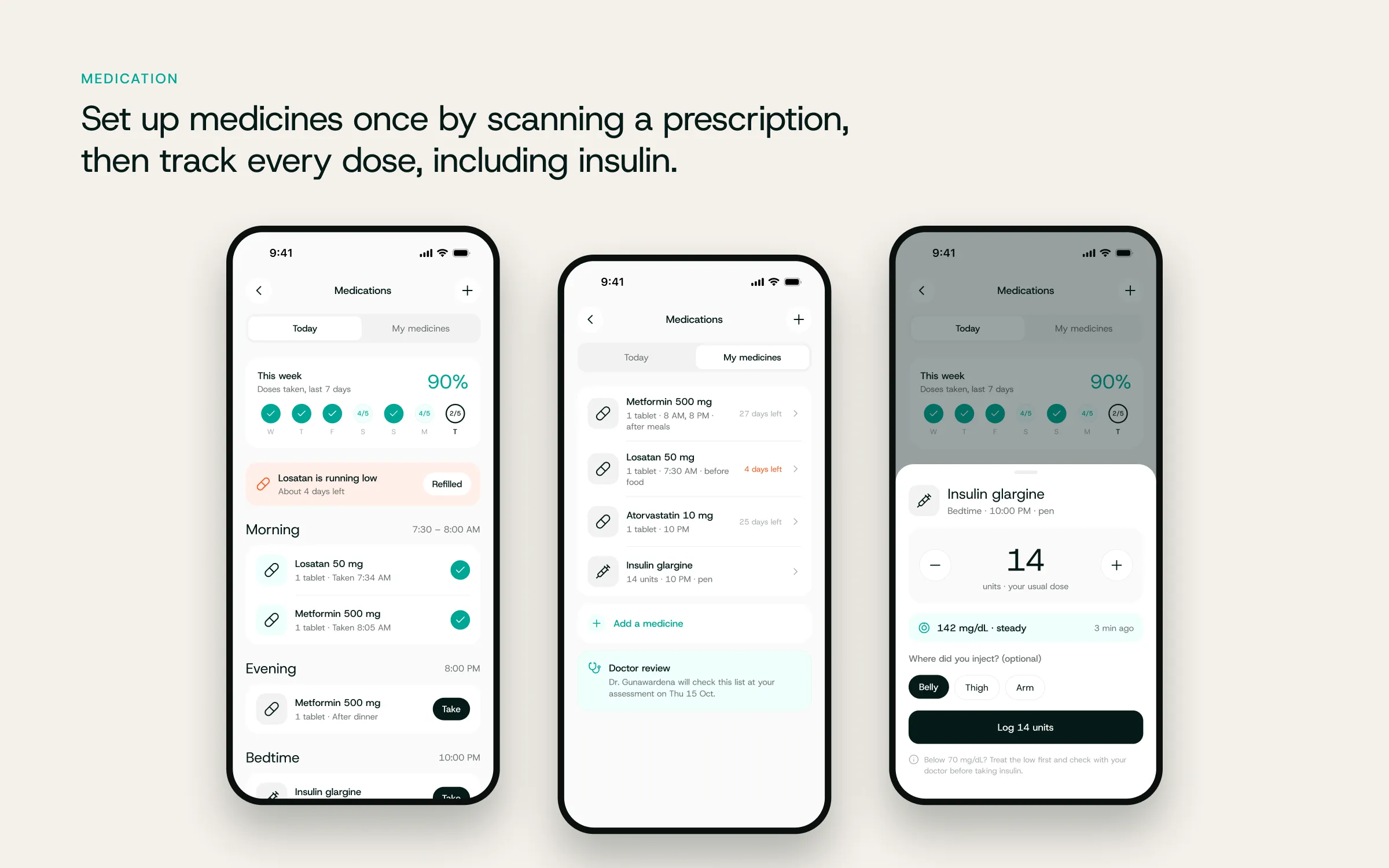 Medication — today's doses, medicine list and insulin dose entry